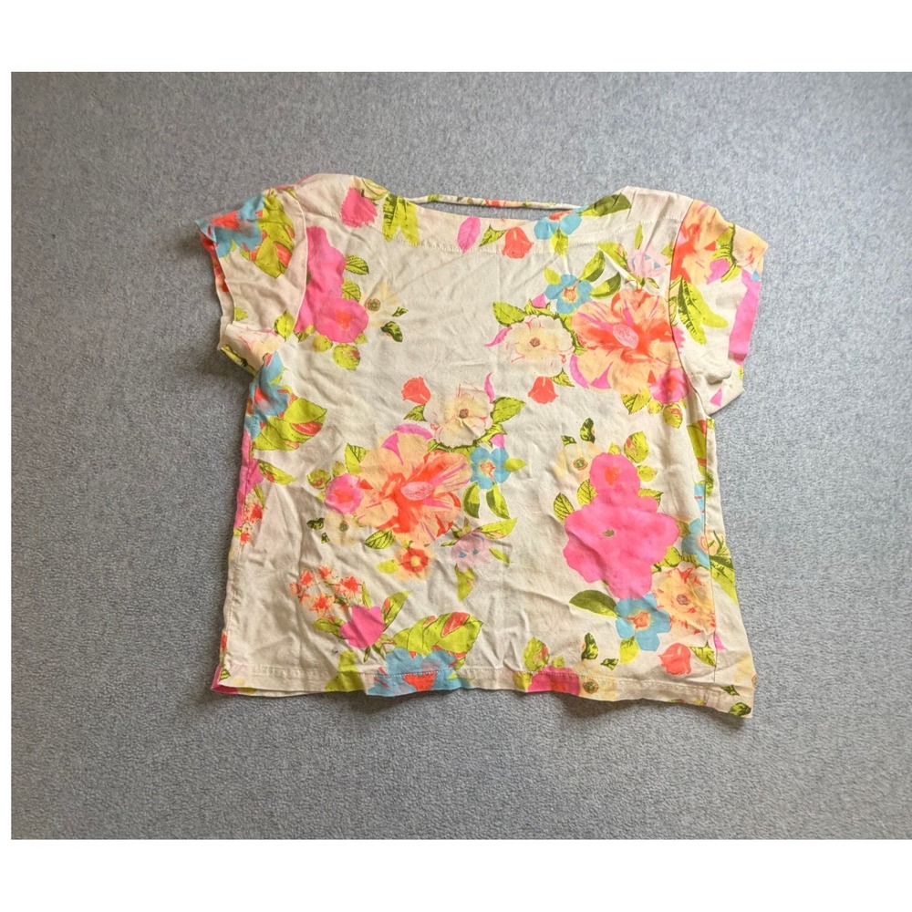 Farm Rio Floral Crop Top Pink Orange Blue Open Back Tie Viscose Size P Small - Picture 1 of 7
